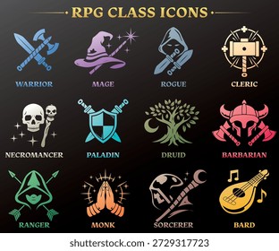 RPG Class Icons Set – Fantasy Character Role Symbols Vector Pack