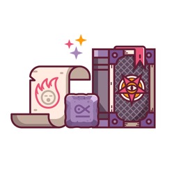 Rpg fantasy game elements with sacred runes, magic scroll and spell book with pentagram sign. Wizard staff grimoire tome and magical stuff. Gaming assets design in line art.
