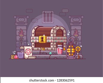 Rpg fantasy game treasure chest with gold and loot. Dungeon crawler gaming illustration with gems, magic runes, spell scroll and burning torches on underground. Heroic adventure discover concept.