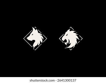 rpg game badge icon set with modern hand drawn fantasy style of wolf and lion hunt symbol emblem