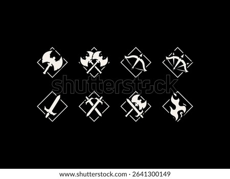 rpg game badge icon set with modern hand drawn fantasy style of axe, bow, sword, and magic weapon emblem