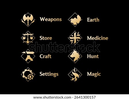 rpg game badge icon set with modern hand drawn gold fantasy style of ui kit weapons, store, craft, settings, hunt collection