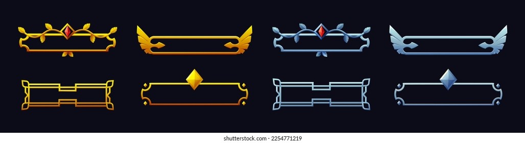 RPG game buttons. Golden empty frames. Medieval gold or metal elements for user interface. Bronze or silver decorations. Fantasy gaming metallic borders set. Vector recent illustrations