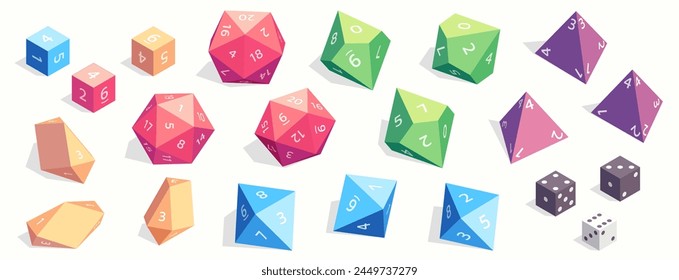 Rpg game dice. Cartoon polyhedral dice for board role playing game, fantasy gaming elements for app web design. Vector set. Colorful object for entertainment