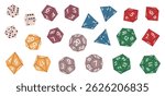 Rpg game dices. Multifaceted color figures, board game plastic requisite, playing elements with numbers, various roles, polyhedron different shapes, nowaday vector isolated set