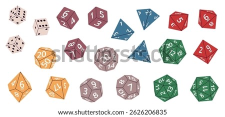 Rpg game dices. Multifaceted color figures, board game plastic requisite, playing elements with numbers, various roles, polyhedron different shapes, nowaday vector isolated set