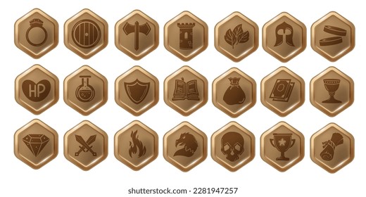 RPG game icon set, hexagon UI badge kit, mobile app button collection, vector health heal sign. Dungeon dragon entertainment concept, skill award, knight sword, magician potion. RPG icon pictogram