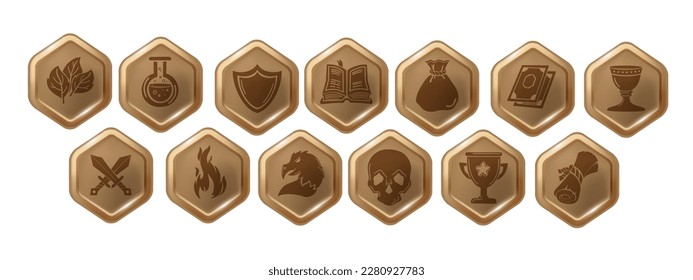 RPG game icon set, vector hexagon UI badge kit, mobile app button collection, health heal sign. Dungeon dragon entertainment concept, skill award, knight sword, magician potion. RPG icon pictogram svg