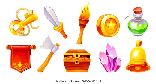 Rpg game icons. Cartoon gaming badge mobile casino ui element, fantasy chest gold coin key bell warrior gear 2d historical items magic energy diamond, neoteric vector illustration of ui elements