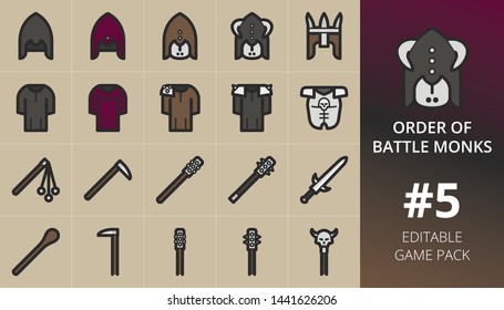 RPG game icons set. Set of weapons, battle monks, king helmet, robe armour, skull armor, staff warrior, club weapon, two handed cudgel, legendary sword, two handed. Editable RPG game items pack