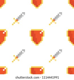 RPG game pixel icons, shield and sword, colorful vector seamless pattern background.