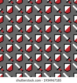 Iconos de píxeles de juego RPG, escudo y espada, color vectorial de fondo de patrón sin fisuras. Textura para el fondo de diseño publicitario o para las impresiones de papel envolvente