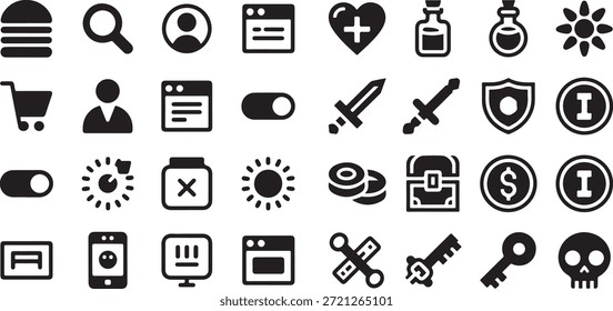 Juego de rol UI y conjunto de iconos de interfaz de fantasía. Contiene corazones de salud, pociones de maná, cofres del tesoro, espadas, escudos, monedas, engranajes de Configuraciones, perfiles de usuario, Botones de menú y artículos de inventario.