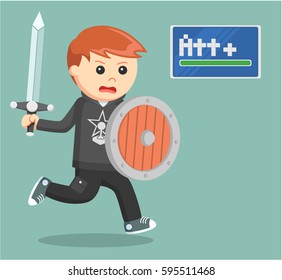 rpg gamer running with sword and shield