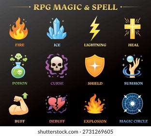 RPG Magic and Spell Icons Set - Fantasy Spellbook, Potions, Runes and Mage Symbols