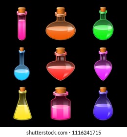 Rpg potion magic bottle icons set. Realidtic illustration of 9 rpg potion magic bottle vector icons for web