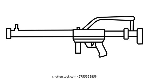 Icono de línea de lanzacohetes RPG. Arma antitanque con cañón largo y contorno de empuñadura de pistola. Perfecto para diseños de equipamiento militar, de guerra, de combate y táctico.
