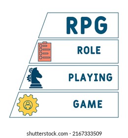 RPG - Acrónimo de juego de rol. fondo de concepto de negocio.  concepto de ilustración vectorial con palabras clave e iconos. ilustración con iconos para banner web, volante, página de inicio