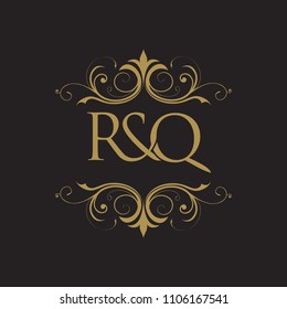 RQ Initial logo. Ornament ampersand monogram golden logo black background