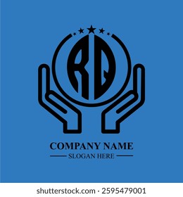 RQ initials held within hands, symbolizing trust and protection. The circle represents unity, while stars highlight excellence and ambition.