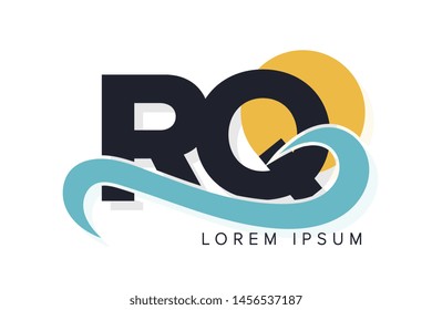 RQ letter logo with ocean waves and sunset. Beach concept design