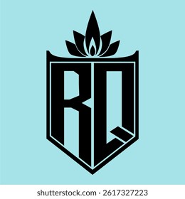 RQ Logo featuring a minimalist design with a crown-like flower symbol on top, bold black elements, and a soft blue background, perfect for branding and modern visual identity.