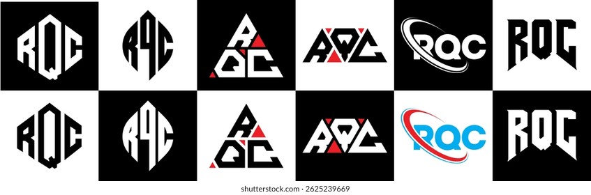 RQC letter logo design in six style. RQC polygon, circle, triangle, hexagon, flat and simple style with black and white color variation letter logo set in one artboard. RQC minimalist and classic logo