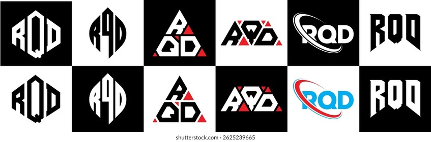 Design de logotipo de letra RQD em seis estilos. Polígono RQD, círculo, triângulo, hexágono, estilo simples e plano com logotipo de letra de variação de cor preto e branco definido em uma prancheta. RQD minimalista e logotipo clássico