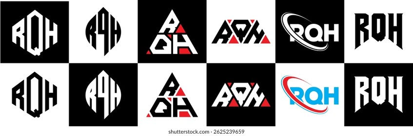 Design de logotipo de letra RQH em estilo seis. Polígono RQH, círculo, triângulo, hexágono, estilo simples e plano com logotipo de letra de variação de cor preto e branco definido em uma prancheta. RQH minimalista e logotipo clássico