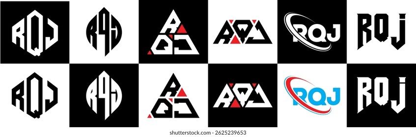 RQJ letter logo design in six style. RQJ polygon, circle, triangle, hexagon, flat and simple style with black and white color variation letter logo set in one artboard. RQJ minimalist and classic logo
