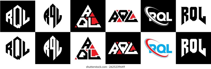 RQL letter logo design in six style. RQL polygon, circle, triangle, hexagon, flat and simple style with black and white color variation letter logo set in one artboard. RQL minimalist and classic logo