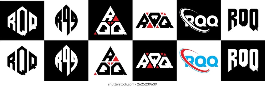 RQQ letter logo design in six style. RQQ polygon, circle, triangle, hexagon, flat and simple style with black and white color variation letter logo set in one artboard. RQQ minimalist and classic logo