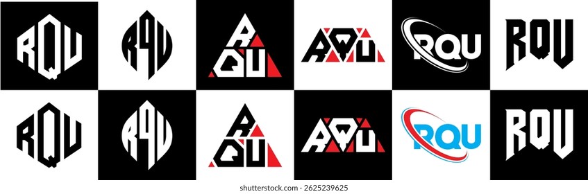 RQU letter logo design in six style. RQU polygon, circle, triangle, hexagon, flat and simple style with black and white color variation letter logo set in one artboard. RQU minimalist and classic logo