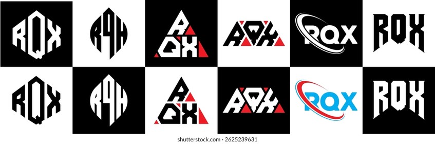 RQX letter logo design in six style. RQX polygon, circle, triangle, hexagon, flat and simple style with black and white color variation letter logo set in one artboard. RQX minimalist and classic logo