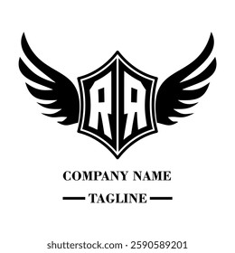 RR bold shield logo with wings, customizable with letters A to Z. Perfect for brands seeking a powerful symbol of strength, freedom, and ambition