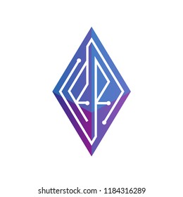 RR Initial letter block chain logo icon vector template. Looping mono line circuit letter on rhombus cube logo