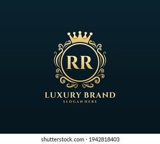 RR Initial Letter, Gold text with feminine floral hand drawn heraldic monogram, Antique vintage style luxury logo design.
