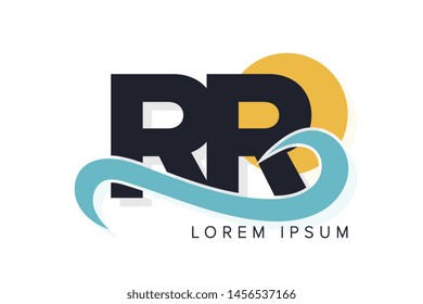 RR letter logo with ocean waves and sunset. Beach concept design