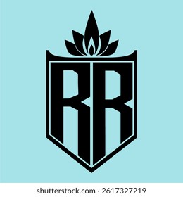 RR Logo featuring a minimalist design with a crown-like flower symbol on top, bold black elements, and a soft blue background, perfect for branding and modern visual identity.