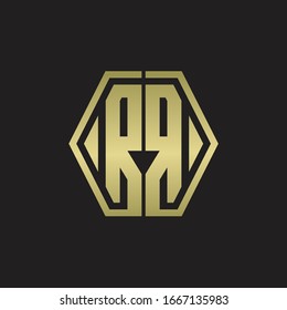 Monograma RR con diseño redondeado de línea hexagonal con colores dorados