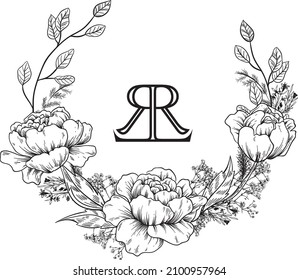 RR Monogram with Flower Leaf Nature Ornament for Wedding Invitation