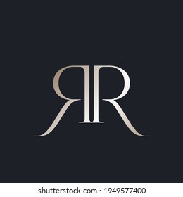 RR monogram logo.Typographic signature icon.Shiny metallic gold letter r.Lettering sign isolated on dark background.Alphabet initials.Uppercase character shape.Beauty, boutique, luxury style symbol.