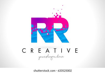 RR R Letter Logo with Broken Shattered Blue Pink Triangles Texture Design Vector Illustration.