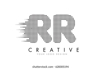 RR R Letter Logo Design with Black Dots and Bubble Trails.