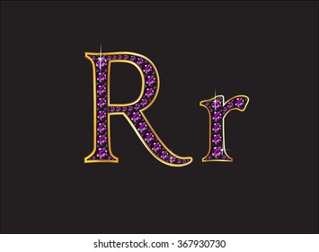 Rr in stunning amethyst precious round jewels set into a 2-level gold gradient channel setting, isolated on black. Vector EPS-10 file, transparency used. 