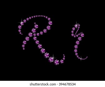 Rr in stunning Amethyst Script precious round jewels, isolated on black. Vector EPS-10 file, transparency used. 
