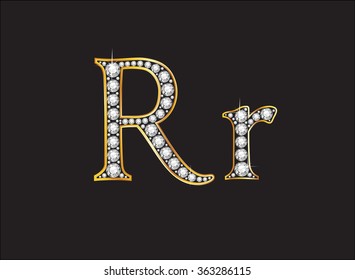Rr in stunning diamond precious round jewels set into a 2-level gold gradient channel setting, isolated on black. Vector EPS-10 file, transparency used. 
