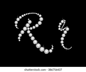 Rr in stunning Diamond Script precious round jewels, isolated on black. Vector EPS-10 file, transparency used. 