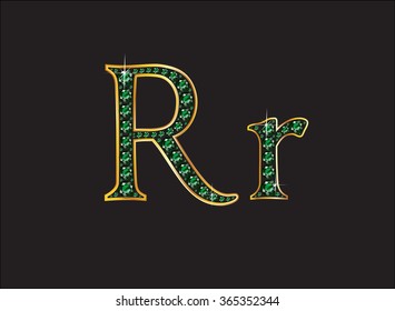 Rr in stunning emerald precious round jewels set into a 2-level gold gradient channel setting, isolated on black. Vector EPS-10 file, transparency used. 