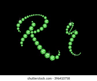 Rr in stunning Peridot Script precious round jewels, isolated on black. Vector EPS-10 file, transparency used. 